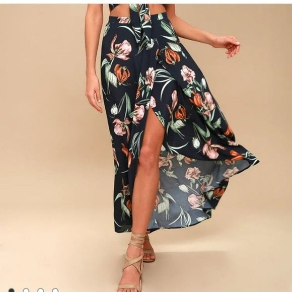 Lulus Navy Blue Floral Magdalena Faux Wrap Maxi Skirt - Picture 1 of 8